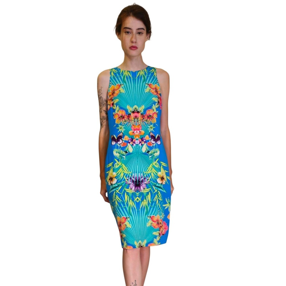 Vintage Y2K Slinky Cache Tropical Floral Sleeveless Bodycon Sheath, SZ M, Resort
